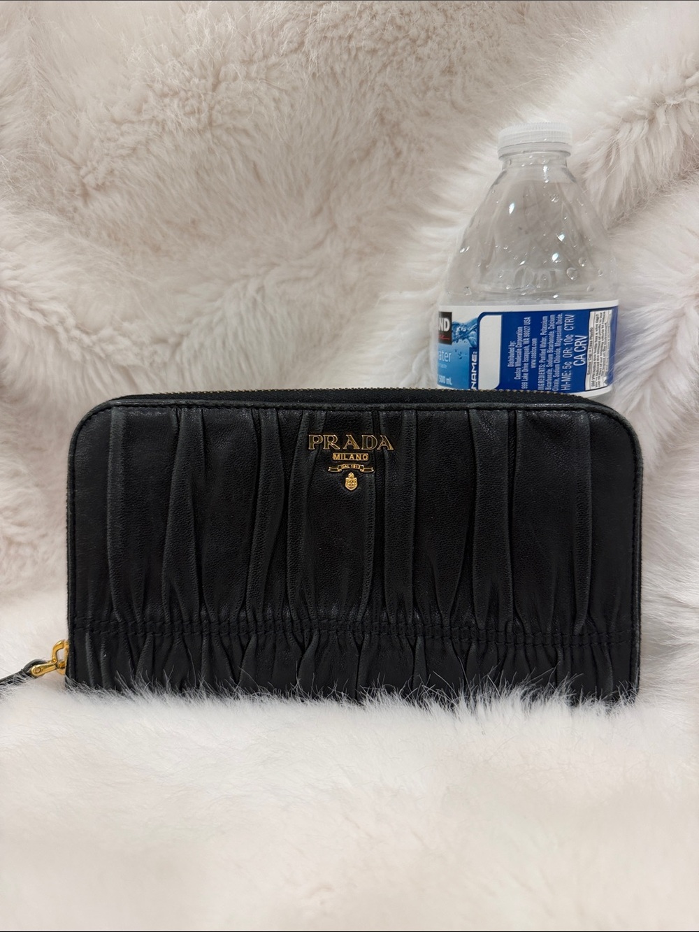 Prada Black Gathered Leather Zip-Around Wallet with Gold Logo